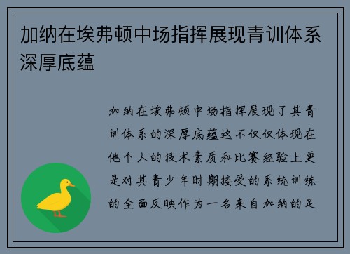 加纳在埃弗顿中场指挥展现青训体系深厚底蕴 加纳在埃弗顿中场指挥展现青训体系深厚底蕴